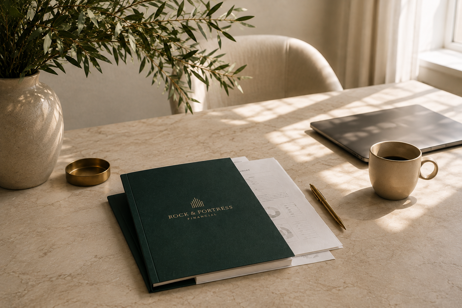 Rock & Fortress Financial binder and report on a marble desk